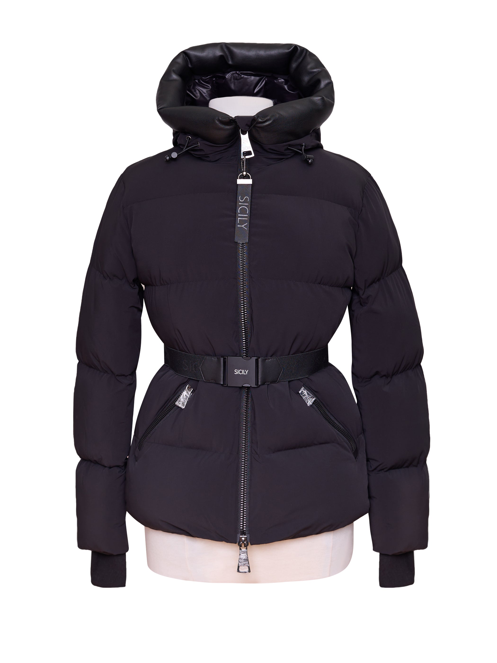 Ladies belted puffer on sale jacket